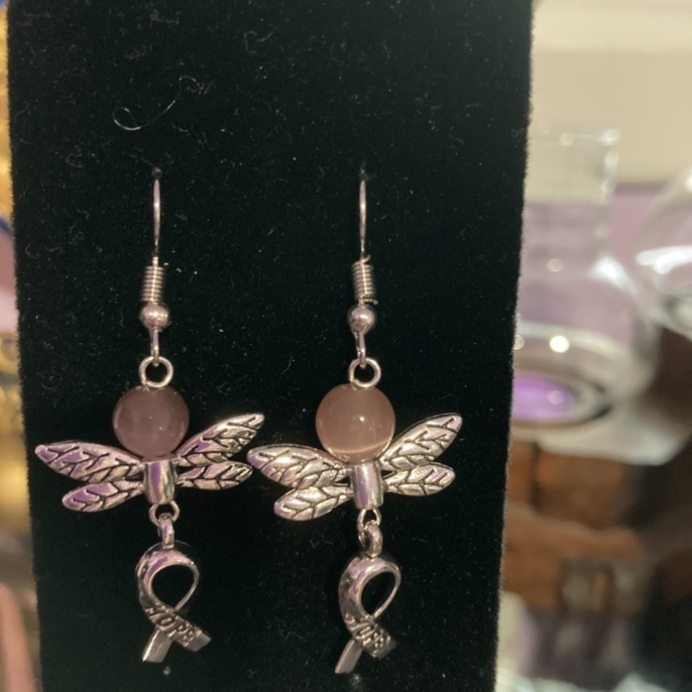 Silver Awareness Dragonfly Dangle Earrings